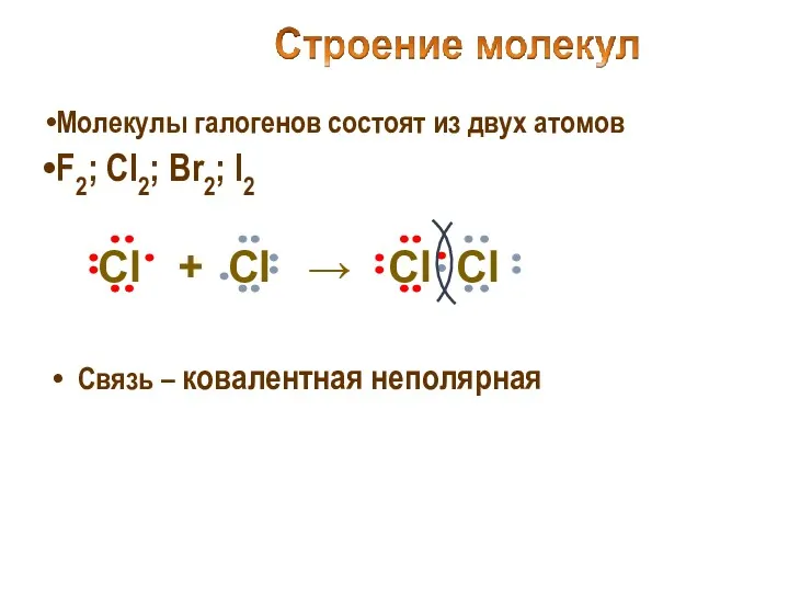 Молекулы галогенов состоят из двух атомов F2; Cl2; Br2; I2 Связь – ковалентная неполярная