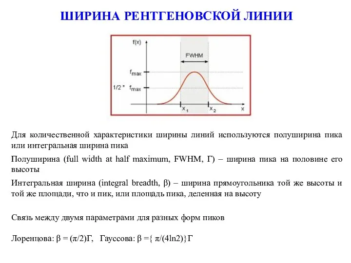 ШИРИНА РЕНТГЕНОВСКОЙ ЛИНИИ Для количественной характеристики ширины линий используются полуширина