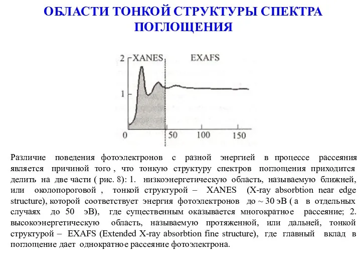 ОБЛАСТИ ТОНКОЙ СТРУКТУРЫ СПЕКТРА ПОГЛОЩЕНИЯ Различие поведения фотоэлектронов с разной