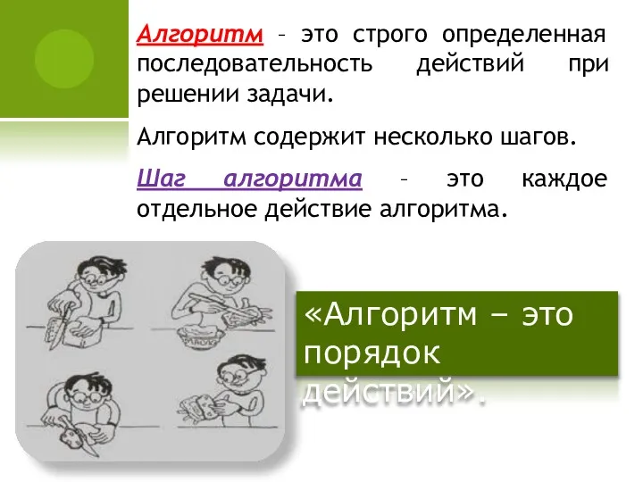 Алгоритм – это строго определенная последовательность действий при решении задачи.