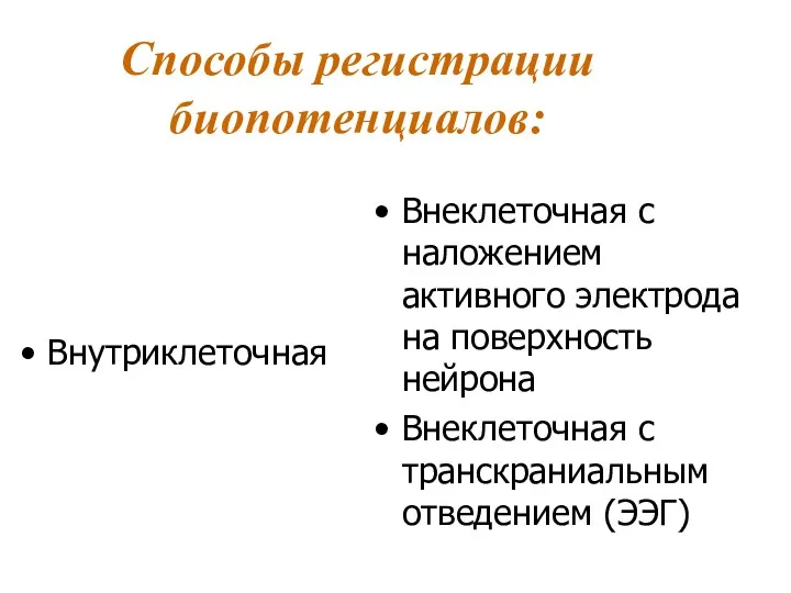 Способы регистрации биопотенциалов: Внутриклеточная Внеклеточная с наложением активного электрода на