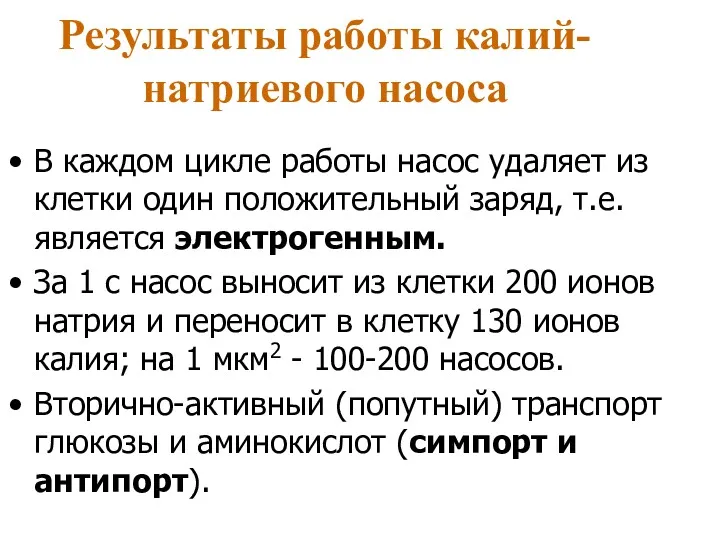 Результаты работы калий-натриевого насоса В каждом цикле работы насос удаляет