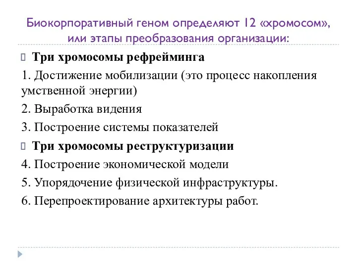 Биокорпоративный геном определяют 12 «хромосом», или этапы преобразования организации: Три