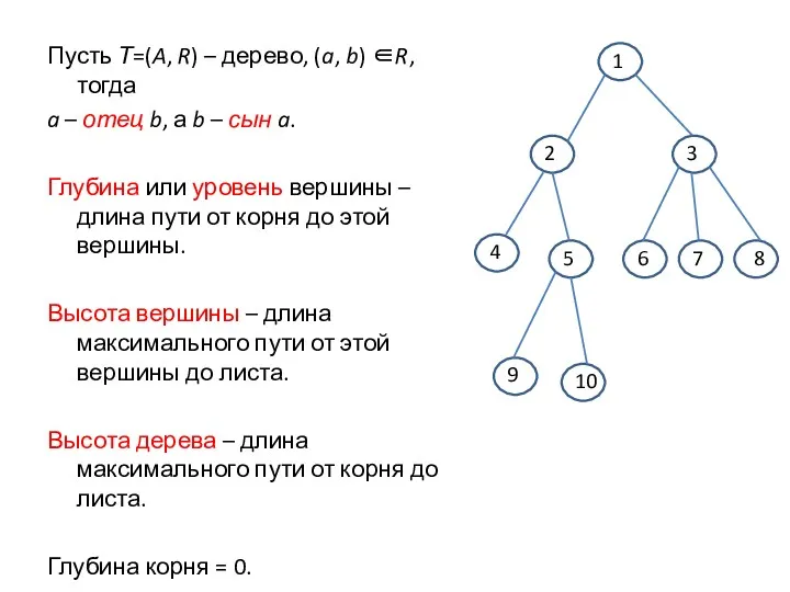 Пусть Т=(A, R) – дерево, (a, b) ∈R, тогда a – отец b,