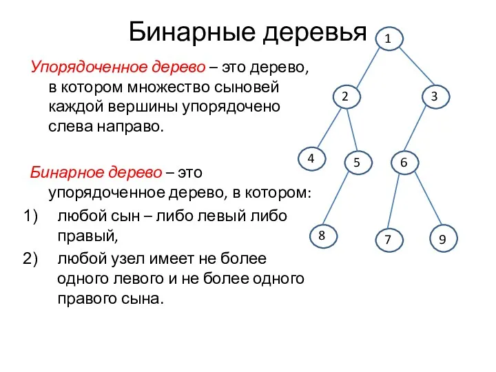 Бинарные деревья Упорядоченное дерево – это дерево, в котором множество