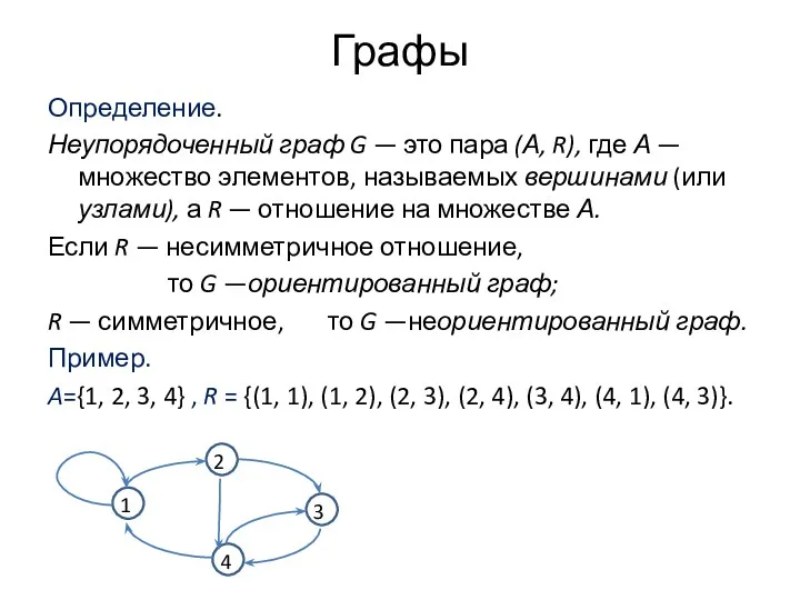 Графы Определение. Неупорядоченный граф G — это пара (А, R), где А —