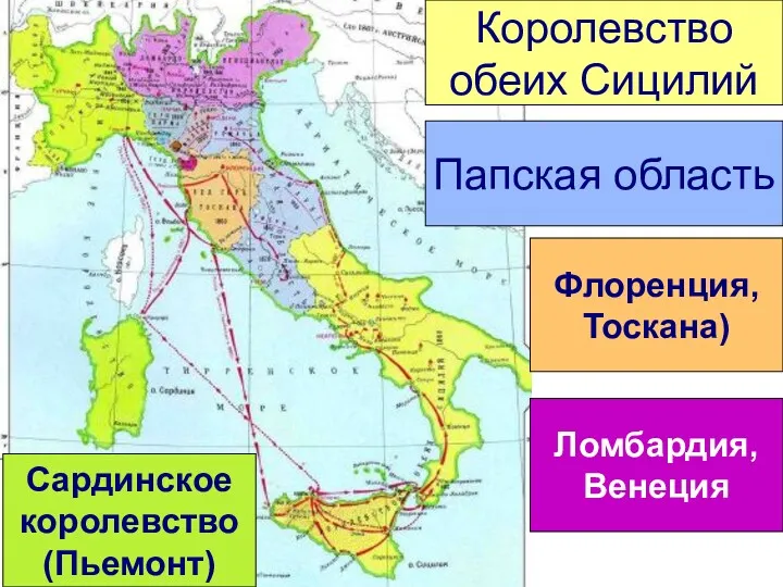 Королевство обеих Сицилий Папская область Сардинское королевство (Пьемонт) Флоренция, Тоскана) Ломбардия, Венеция