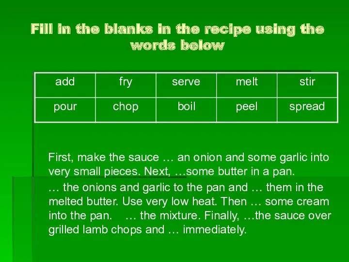 Fill in the blanks in the recipe using the words