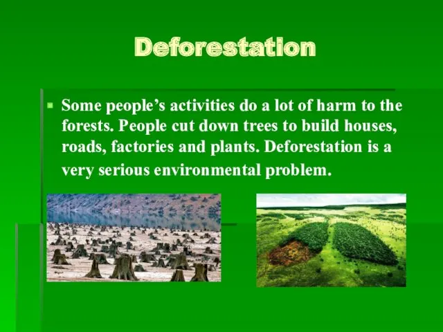 Deforestation Some people’s activities do a lot of harm to the forests. People