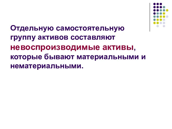 Отдельную самостоятельную группу активов составляют невоспроизводимые активы, которые бывают материальными и нематериальными.