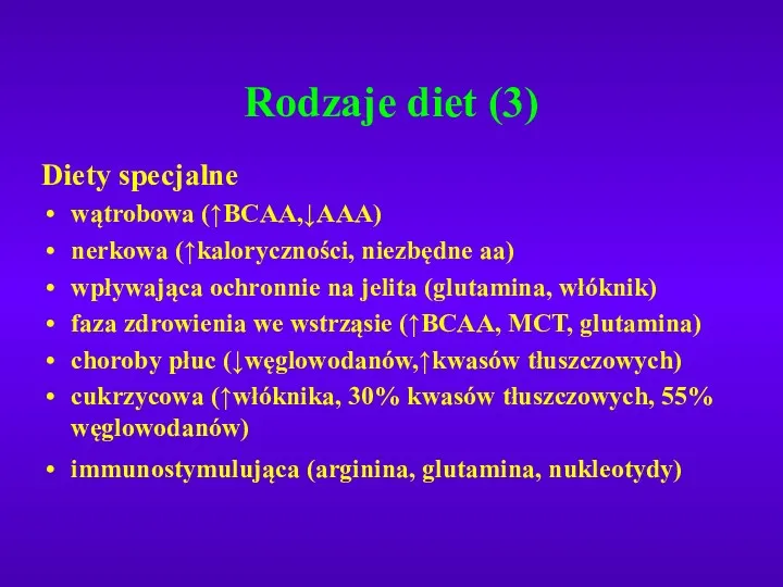 Rodzaje diet (3) Diety specjalne wątrobowa (↑BCAA,↓AAA) nerkowa (↑kaloryczności, niezbędne