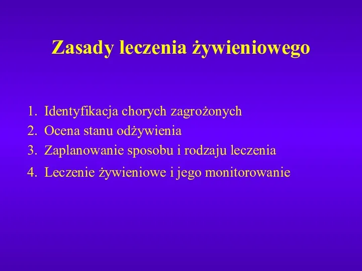 Zasady leczenia żywieniowego Identyfikacja chorych zagrożonych Ocena stanu odżywienia Zaplanowanie