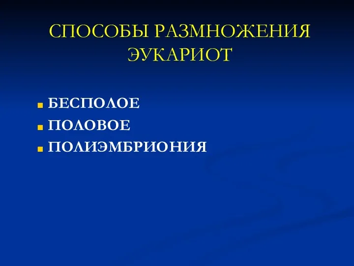 СПОСОБЫ РАЗМНОЖЕНИЯ ЭУКАРИОТ БЕСПОЛОЕ ПОЛОВОЕ ПОЛИЭМБРИОНИЯ