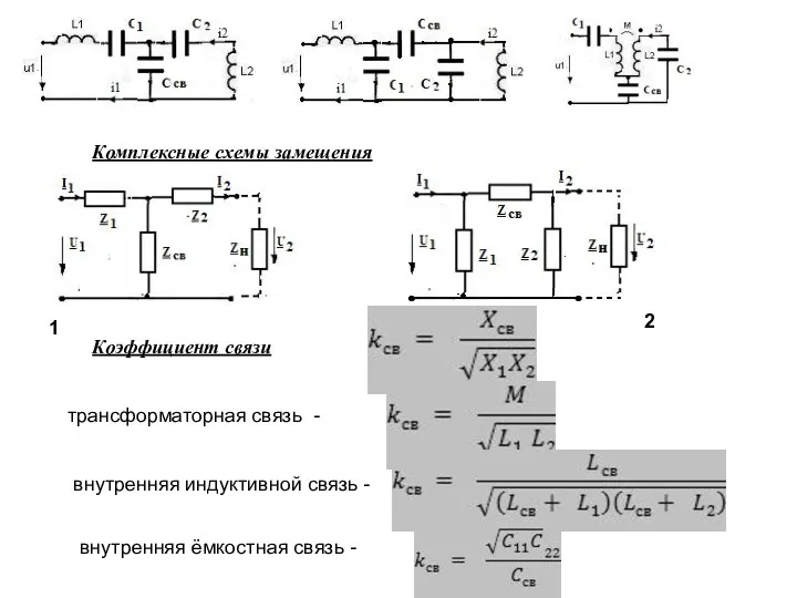 Комплексные схемы замещения Коэффициент связи трансформаторная связь - внутренняя индуктивной