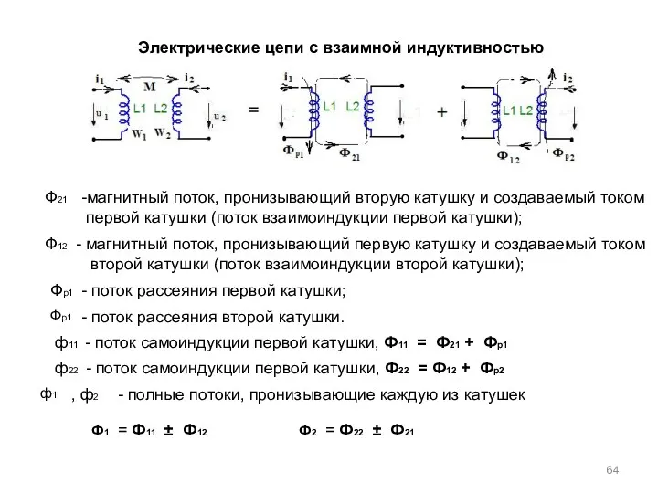 Электрические цепи с взаимной индуктивностью Ф21 -магнитный поток, пронизывающий вторую