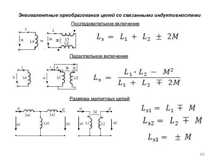 Эквивалентные преобразования цепей со связанными индуктивностями Последовательное включение Параллельное включение Развязка магнитных цепей