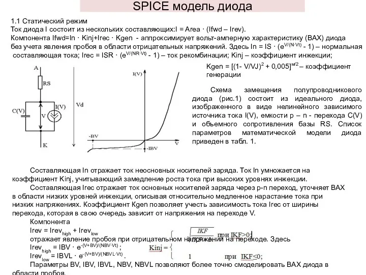 SPICE модель диода Схема замещения полупроводникового диода (рис.1) состоит из