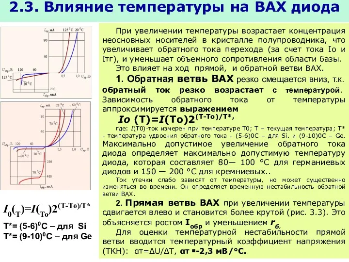 2.3. Влияние температуры на ВАХ диода При увеличении температуры возрастает