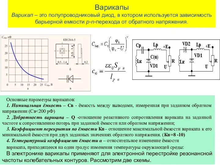 Варикапы Варикап – это полупроводниковый диод, в котором используется зависимость