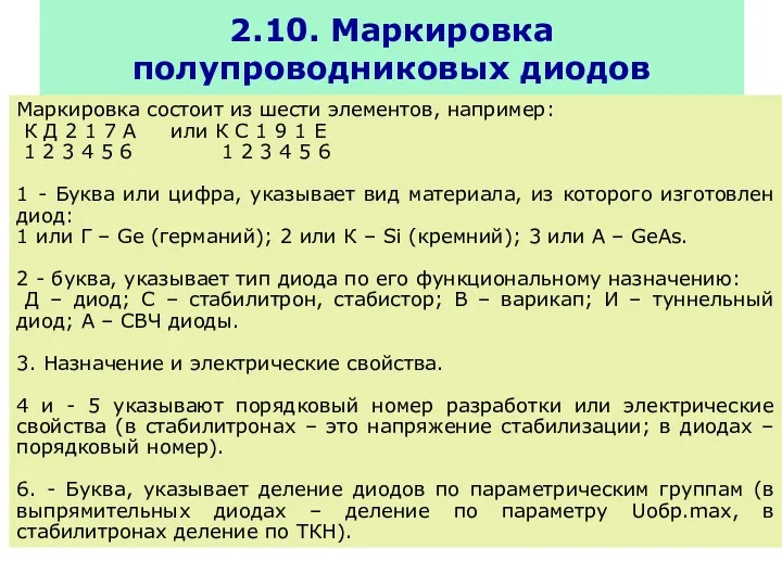 2.10. Маркировка полупроводниковых диодов Маркировка состоит из шести элементов, например: