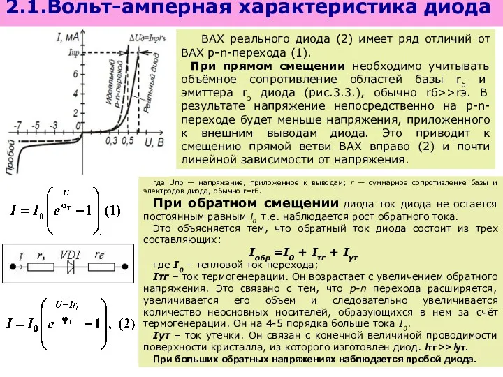 2.1.Вольт-амперная характеристика диода ВАХ реального диода (2) имеет ряд отличий