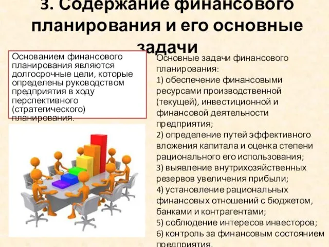 3. Содержание финансового планирования и его основные задачи Основанием финансового планирования являются долгосрочные