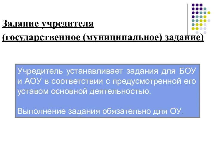 Задание учредителя (государственное (муниципальное) задание) Учредитель устанавливает задания для БОУ