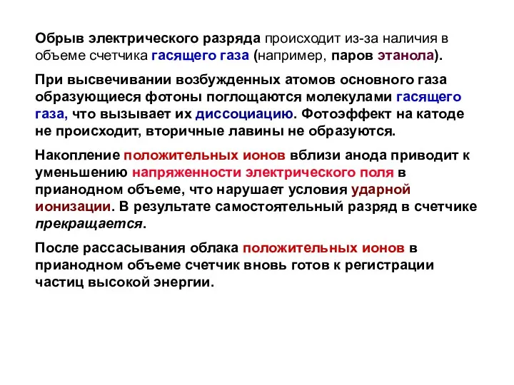 Обрыв электрического разряда происходит из-за наличия в объеме счетчика гасящего