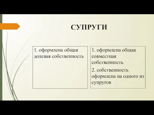 СУПРУГИ 1. оформлена общая долевая собственность 1. оформлена общая совместная