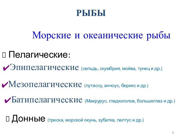 Морские и океанические рыбы Пелагические: Донные (треска, морской окунь, зубатка,