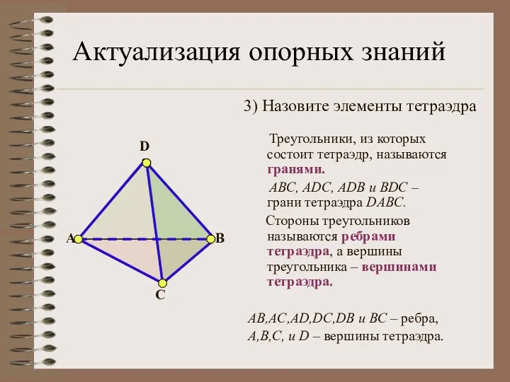 3) Назовите элементы тетраэдра Треугольники, из которых состоит тетраэдр, называются