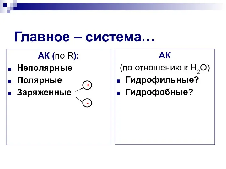 Главное – система… АК (по R): Неполярные Полярные Заряженные АК