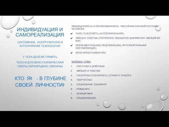 ИНДИВИДУАЦИЯ И САМОРЕАЛИЗАЦИЯ РАВНОЦЕННОСТЬ И СОГЛАСОВАННОСТЬ ЧАСТЕЙ ВНУТРЕННЕЙ СИСТЕМЫ ЧЕЛОВЕКА: