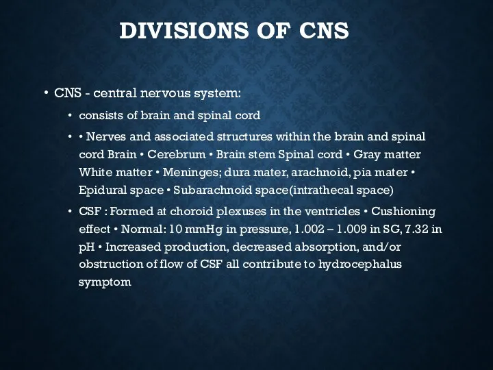 DIVISIONS OF CNS CNS - central nervous system: consists of