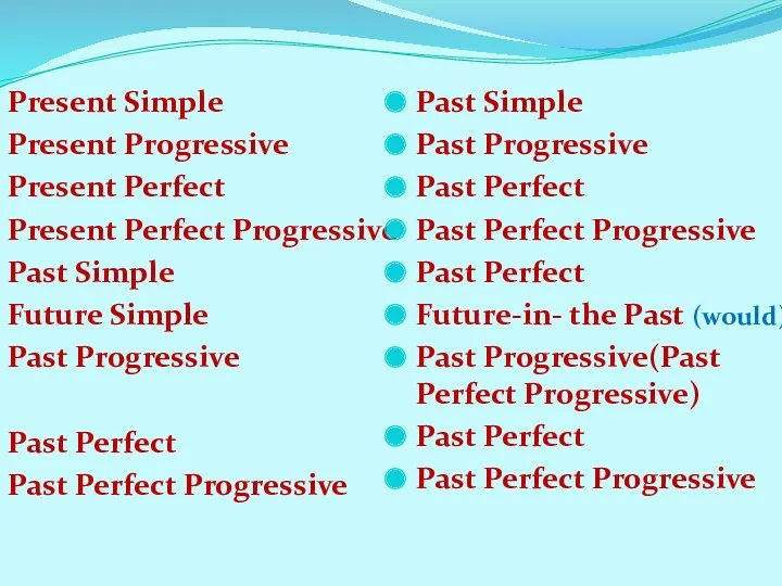 Present Simple Present Progressive Present Perfect Present Perfect Progressive Past