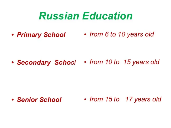 Russian Education Primary School Secondary School Senior School from 6