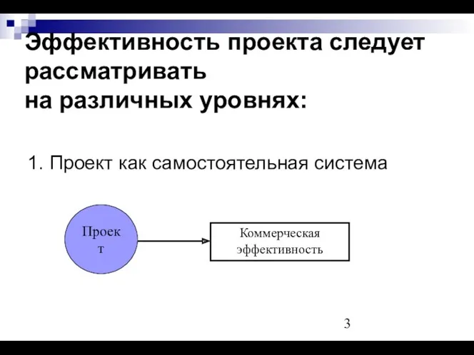 Эффективность проекта следует рассматривать на различных уровнях: 1. Проект как самостоятельная система