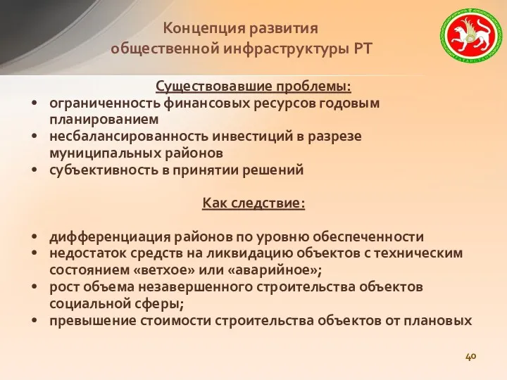 Существовавшие проблемы: ограниченность финансовых ресурсов годовым планированием несбалансированность инвестиций в