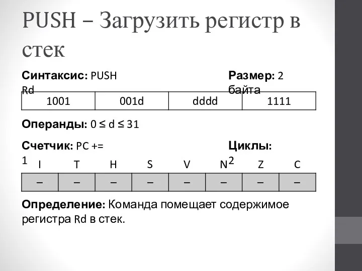 PUSH – Загрузить регистр в стек Определение: Команда помещает содержимое