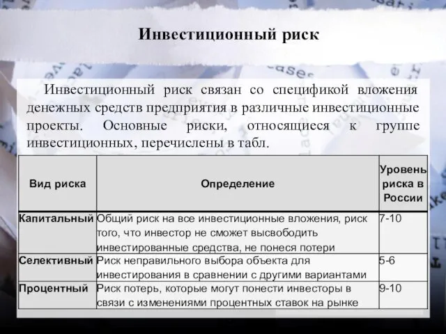 Инвестиционный риск Инвестиционный риск связан со спецификой вложения денежных средств