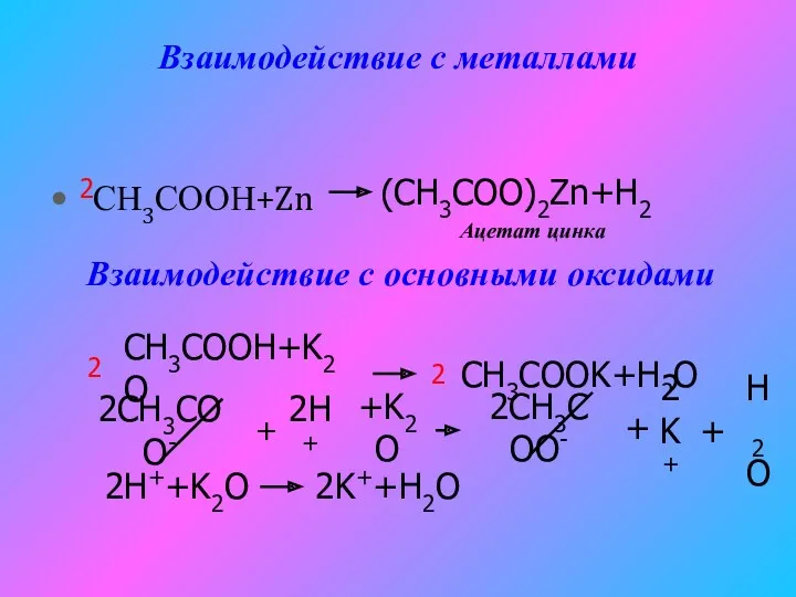Взаимодействие с металлами СН3СООН+Zn (CH3COO)2Zn+H2 Ацетат цинка 2 Взаимодействие с