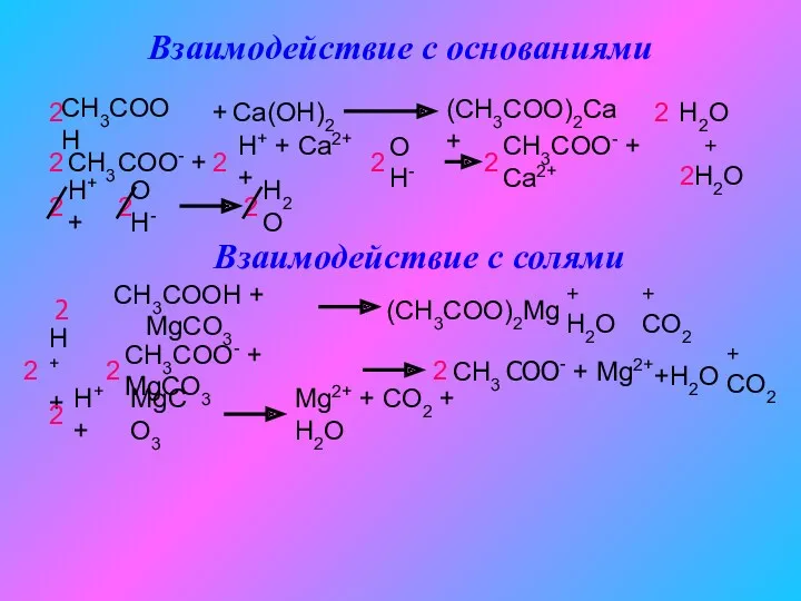Взаимодействие с основаниями Взаимодействие с солями CH3COOH + MgCO3 (CH3COO)2Mg