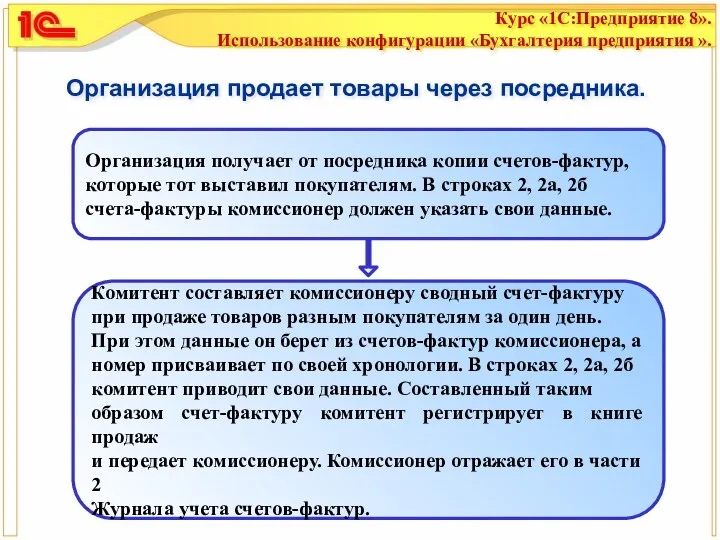 Организация продает товары через посредника.