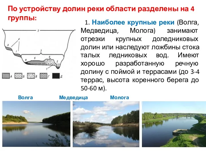 1. Наиболее крупные реки (Волга, Медведица, Молога) занимают отрезки крупных