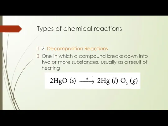 Types of chemical reactions 2. Decomposition Reactions One in which a compound breaks