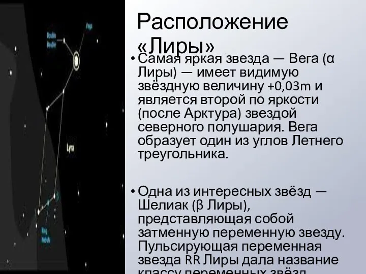 Расположение «Лиры» Самая яркая звезда — Вега (α Лиры) —