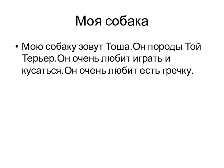 Моя собака Мою собаку зовут Тоша.Он породы Той Терьер.Он очень