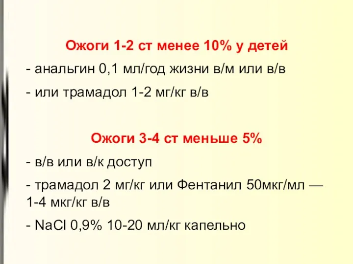 Ожоги 1-2 ст менее 10% у детей - анальгин 0,1