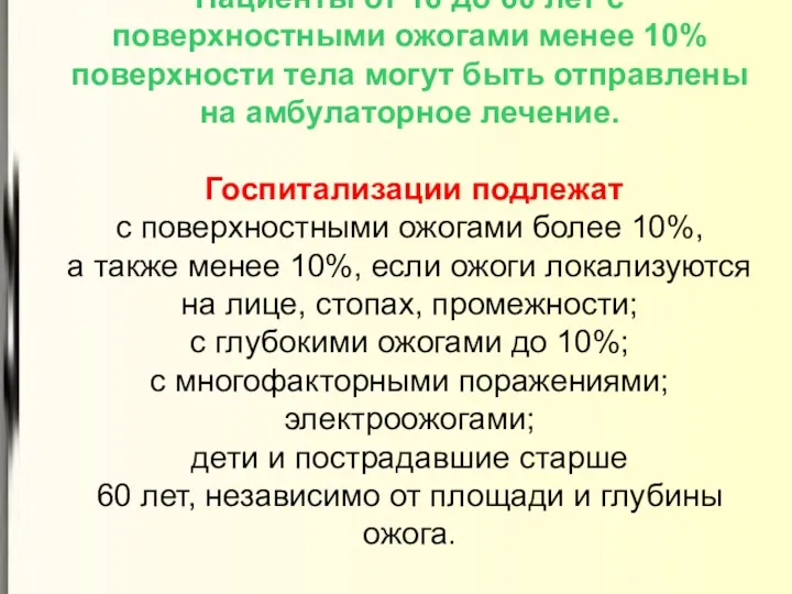 Пациенты от 16 до 60 лет с поверхностными ожогами менее