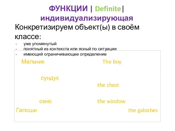 ФУНКЦИИ | Definite| индивидуализирующая Конкретизируем объект(ы) в своём классе: уже